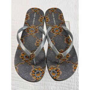 Tory Burch Womens 9 Dusty Blue/Sea Frost Floral Print Flip Flops Logo Thong